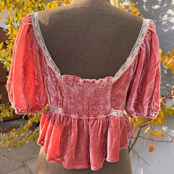 Free People Yours Truly Velvet Peplum Lace Trim Blouse in Blush - Picture 2 of 9